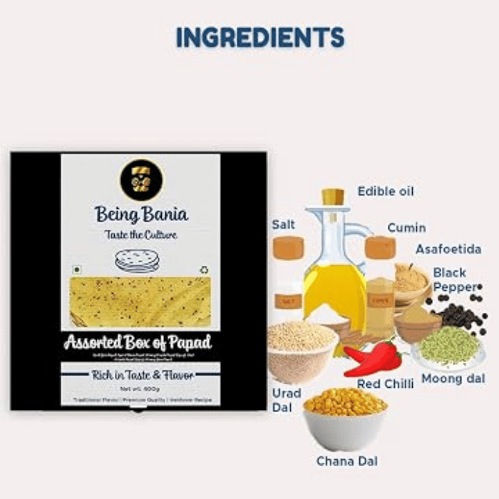 Being Bania Papad (Assorted Mix of 5 Flavours) 425g – Handmade Lentil Pappadums thumbnail 3