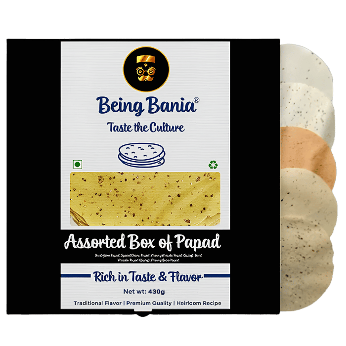 Being Bania Papad (Assorted Mix of 5 Flavours) 425g – Handmade Lentil Pappadums
