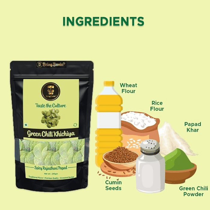 Being Bania Green Chili Khichiya 213g – Spicy Traditional Rajasthani Rice Pappad thumbnail 3