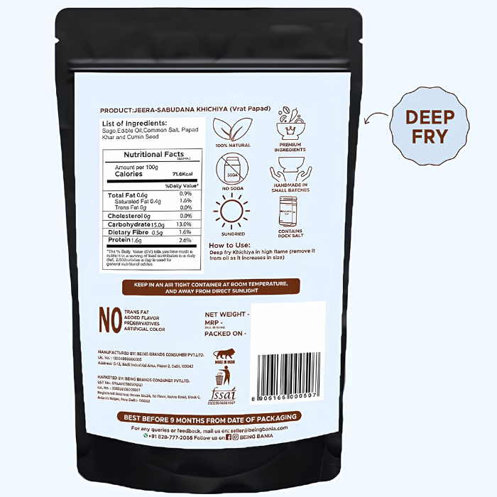 Being Bania Jeera Sabudana Khichiya 213g – Traditional Gluten-Free Cumin Sago Pappad thumbnail 2