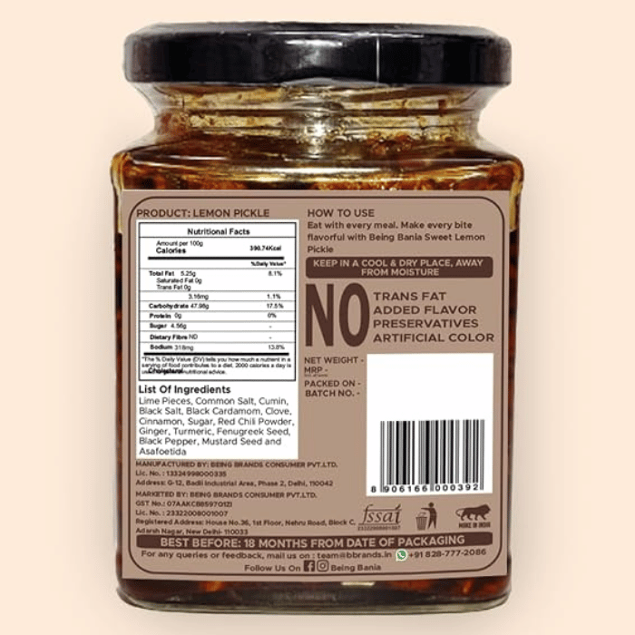 Being Bania Lemon Pickle (Oil Free) 255g – Traditional Homemade Indian Tangy & Spiced Pickle thumbnail 2