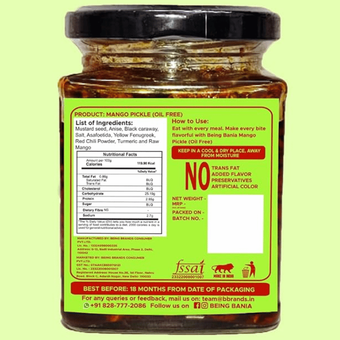 Being Bania Mango Pickle (Oil Free) 255g – Traditional Homemade Indian Tangy & Spiced Pickle thumbnail 2