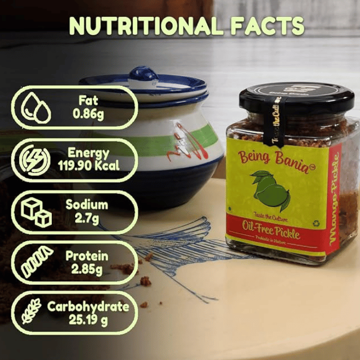 Being Bania Mango Pickle (Oil Free) 255g – Traditional Homemade Indian Tangy & Spiced Pickle thumbnail 3